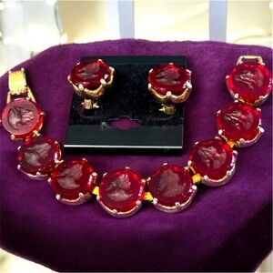 Vintage Italian Cranberry Glass Intaglio Cameos Bracelet Earrings Set. Rare